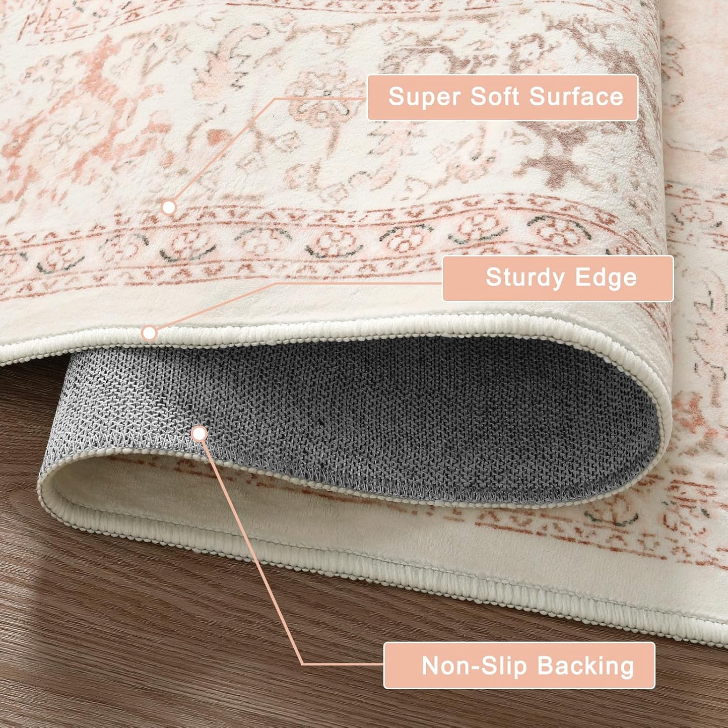 LIVEBOX Pink Area Rug 8x10 - Large Oriental Floral Living Room Rugs Accent Rug for Bedroom, Non-Slip Retro Medallion Carpet Print Distressed Rugs for Dining Room Office (Pink/Peach)