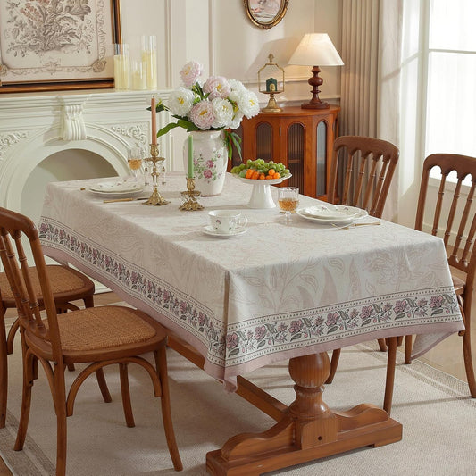 Designer French Linen Blend Tablecloth for Rectangle Table, Wrinkle Resistant Vintage Floral Table Cloth, Decoration Table Cover for Dining Room,Home, Kitchen (Creamy Pink Floral, 104" x 55")
