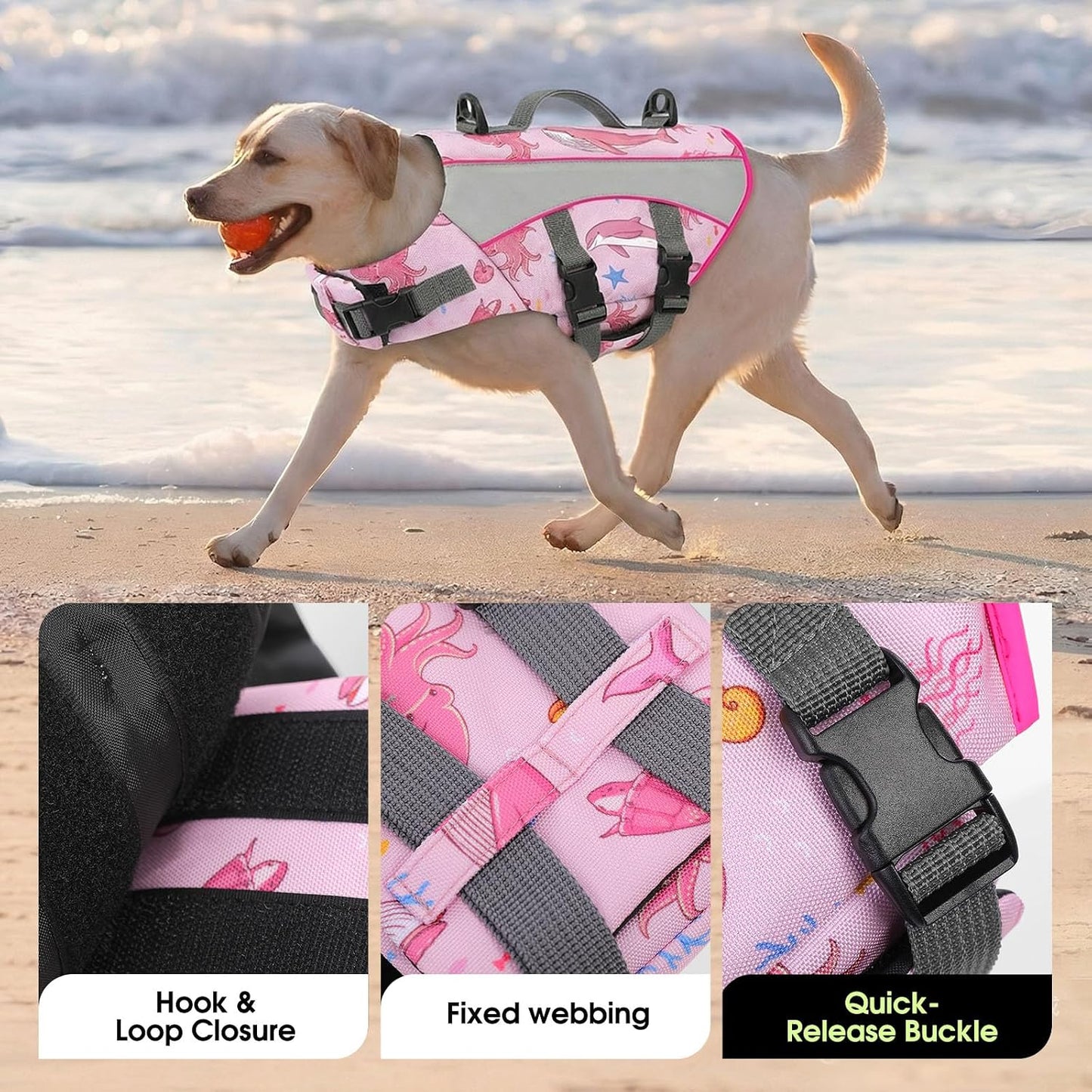 Dog Life Jacket, Small Dog Life Vest for Swimming, Pet Flotation Swim Vest Lifesaver with Reflective Strips, Lightweight Pet Lifesaver Swimsuit for Pool Beach Boating, Pink Ocean S