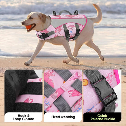 Dog Life Jacket, Small Dog Life Vest for Swimming, Pet Flotation Swim Vest Lifesaver with Reflective Strips, Lightweight Pet Lifesaver Swimsuit for Pool Beach Boating, Pink Ocean S