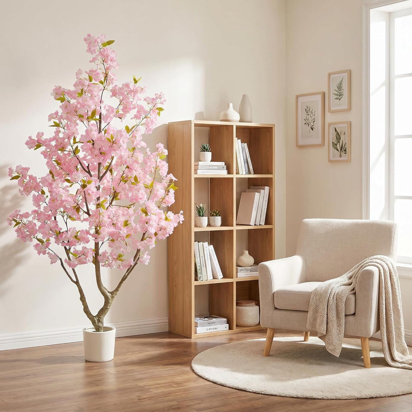 Warmplants 6ft Artificial Cherry Blossom Tree, Fake Sakura Pink Flower Plant in White Planter, Faux Blooming Trees for Home Office Wedding Entryway Décor