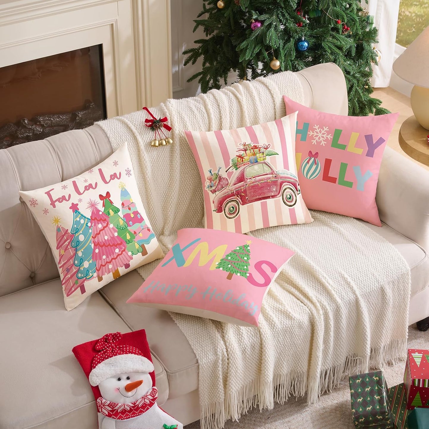Pink Christmas Decorations Pillow Covers 18x18 Set of 4 Christmas Throw Pillow Covers, Holly Jolly FA La La Xmas Winter Holiday Linen Cushion Case for Home Sofa Couch Bed Chair Decor