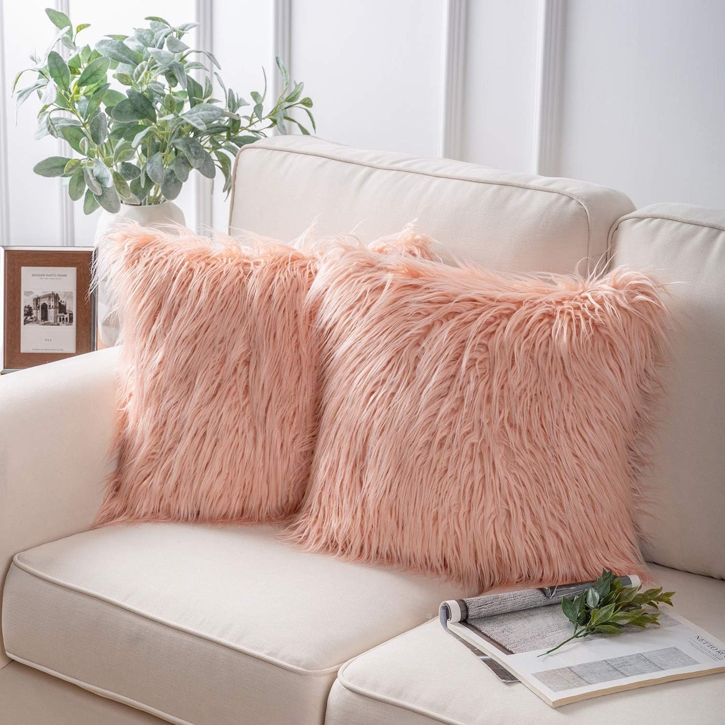 Phantoscope Pack of 2 Faux Fur Throw Pillow Covers Cushion Covers Luxury Soft Decorative Pillowcase Fuzzy Pillow Covers for Bed/Couch, Peachy Pink 18 x 18 Inches