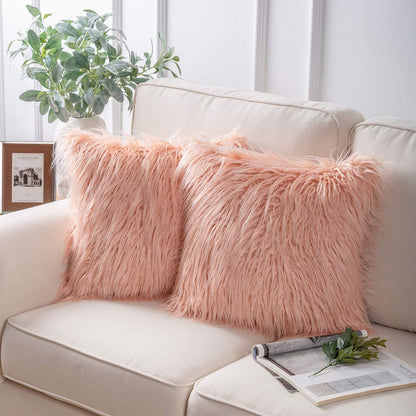 Phantoscope Pack of 2 Faux Fur Throw Pillow Covers Cushion Covers Luxury Soft Decorative Pillowcase Fuzzy Pillow Covers for Bed/Couch, Peachy Pink 18 x 18 Inches