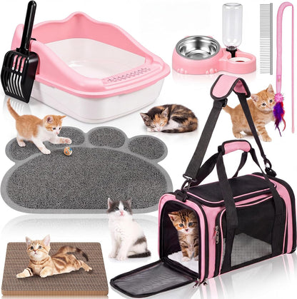 8 Pcs Kitten Supplies Starter Kit, Cat Kitten Starter Kit Essentials Includes Cat Litter Box mat Bowls Folding Carrier Scratch Pad Accessories for Welcome Gift Supplies(Pink)