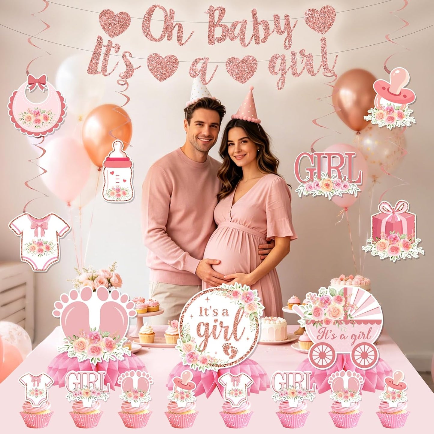 23Pcs It's a Girl Baby Shower Decorations for Girl，Pink Rose Gold Floral Girl Baby Shower Decorations Include Banner Table Centerpiece Hanging Swirls Cupcake Toppers