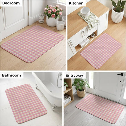 Bathroom Rugs 19.7x31.5 Inch, Pink Non Slip Rugs Washable Low Pile, Grid Checkered Plaid Gingham Lattice Trellis Front Door Mat Entryway Rug with Rubber Backing
