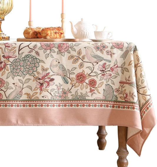 patdrea Vintage French Linen Tablecloth,Rectangular,94"x63"-Kulom A | Elegant Large Table Cloth for Rectangle Table,Leaves and Bird Patterned,Dining Room Tea Party Thanksgiving Decor,Pink