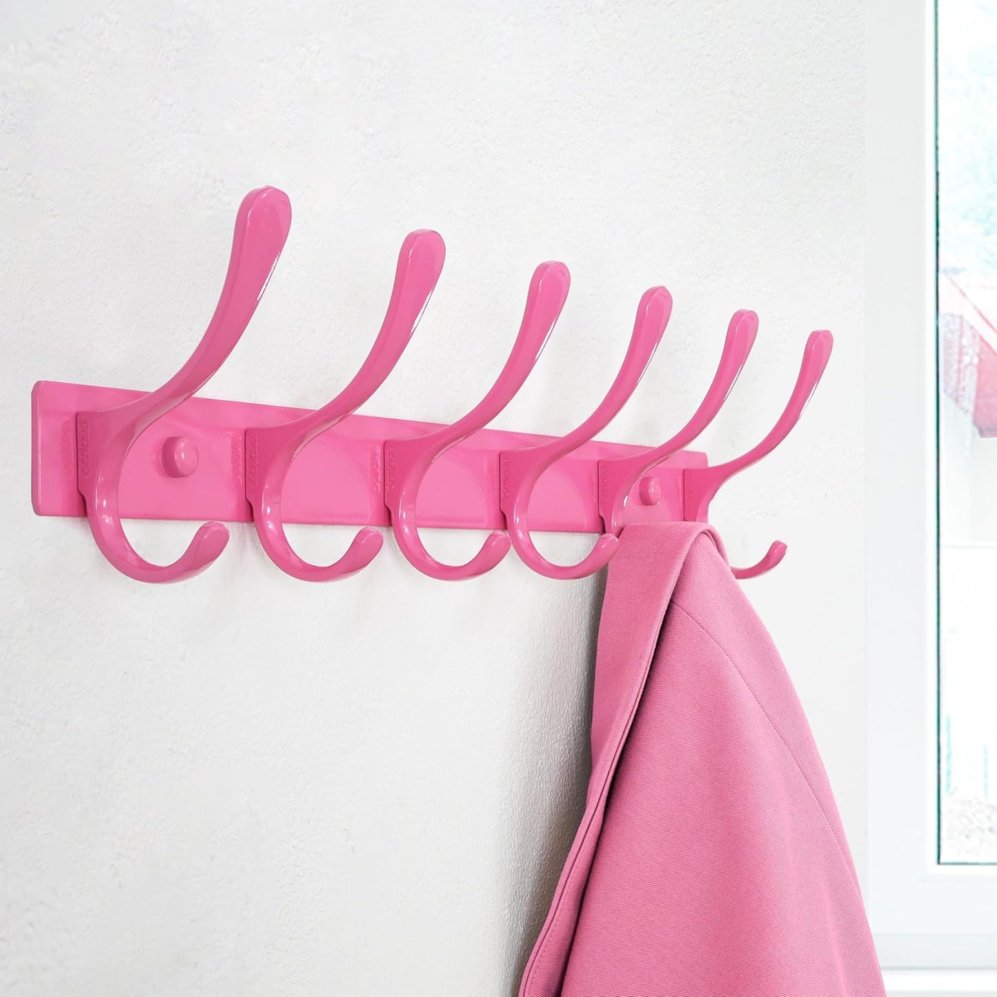 SKOLOO Wall Mounted Coat Rack - 6 Hooks, Pack of 2, Heavy Duty, Stainless Steel, Metal Wall Hanger, Sturdy Coat Hooks for Hanging Coats, Jackets, Clothes, Hats - Pink