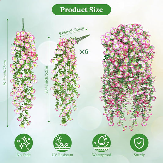 Artificial Hanging Flowers for Outdoors, 6Pcs UV Resistant Morning Glory Vines Fake Flowers with Eucalyptus, Realistic Silk Faux Hanging Plants Decor for Outside Planter Porch Patio (Pink Edge White)