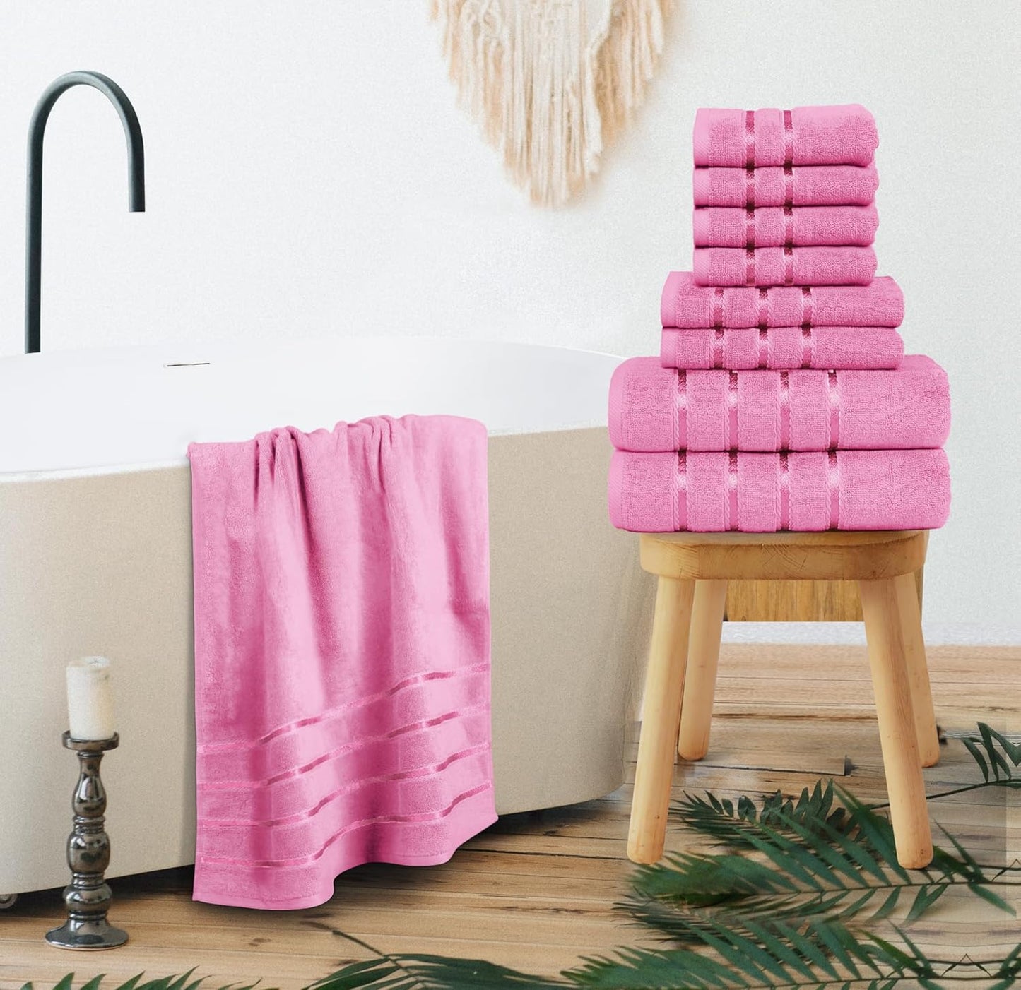 8 Piece Luxury Towel Set, 600 GSM Ring Spun Cotton, Soft & Absorbent Viscose Stripe Towels, 2 Bath, 2 Hand, and 4 Wash Cloths Ideal for Daily Use, Pink