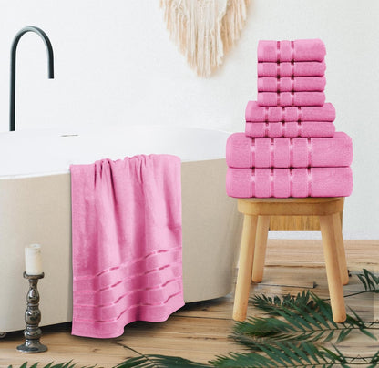 8 Piece Luxury Towel Set, 600 GSM Ring Spun Cotton, Soft & Absorbent Viscose Stripe Towels, 2 Bath, 2 Hand, and 4 Wash Cloths Ideal for Daily Use, Pink