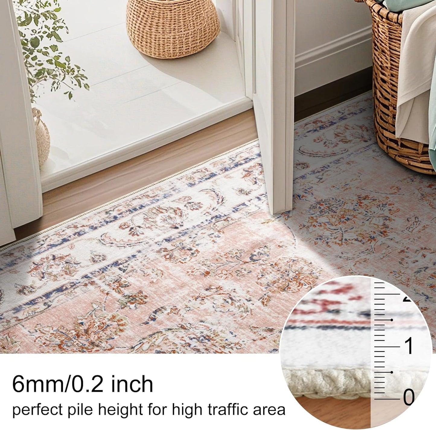 RYB HOME Non Slip Washable Runner Rug 2x6 ft, Anti-sratch Pet Friendly Boho Vintage Low Pile Floral Rug Carpet Runner for Kitchen Hallway, Pink