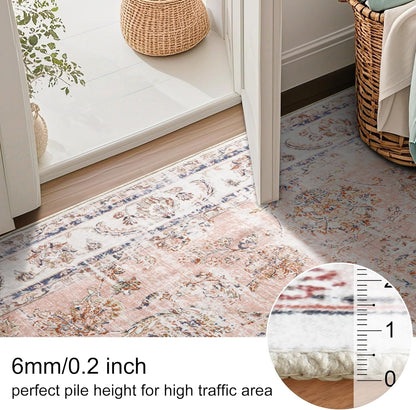RYB HOME Non Slip Washable Runner Rug 2x6 ft, Anti-sratch Pet Friendly Boho Vintage Low Pile Floral Rug Carpet Runner for Kitchen Hallway, Pink