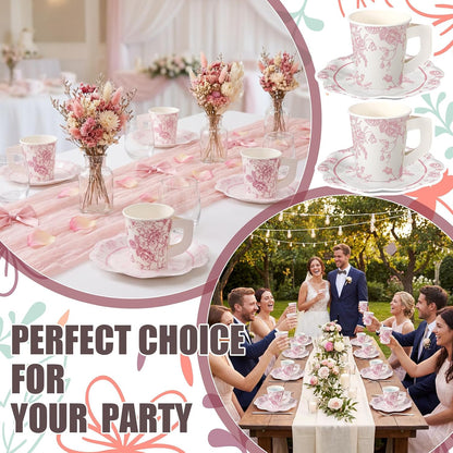 FoldTier 100 Pcs Tea Party Plates and Cups Pink Floral Party Supplies Paper Tea Cups and Saucers Disposable Tableware Sets for Chinoiserie Wedding Baby Shower Birthday Decor Serves 50 Guests