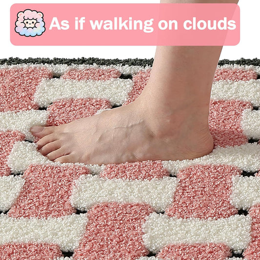 Bath mats for Bathroom Non Slip, 32" X 20" Pink and White Checkered Bath Mat, Luxury Microfiber Super Absorbent Bathroom-Rug, Aesthetic Bathrooms Rug, Classic Bath Decor Washable.