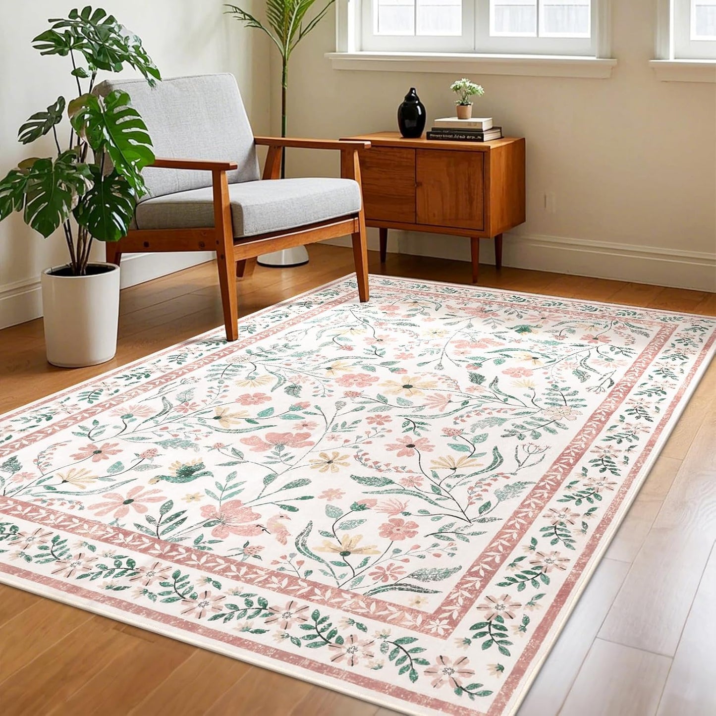 SHACOS 4x6 Boho Area Rugs for Living Room, Machine Washable Floral Carpet for Bedroom Non Slip Soft Nursery Rugs for Kids Room Dining Room Entryway Indoor, Pink