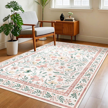 SHACOS 4x6 Boho Area Rugs for Living Room, Machine Washable Floral Carpet for Bedroom Non Slip Soft Nursery Rugs for Kids Room Dining Room Entryway Indoor, Pink