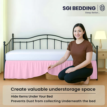 SGI Bedding 14 inch Drop Ruffled Day Bed Skirt Twin Size - 3-Sided Gathered Dust Ruffle with Ruffle Styling, Platform Style, Split Corners, Wrinkle-Resistant Microfiber - Pink