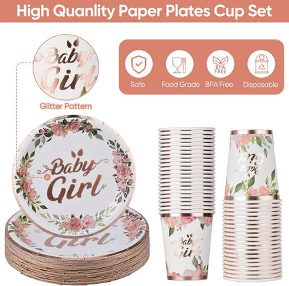 320 Pcs Rose Gold Baby Shower Decorations Set for 40 Guests, Baby Girl Shower Party Supplies Tableware Includes Plates and Cups and Napkins Straws Sets (40)