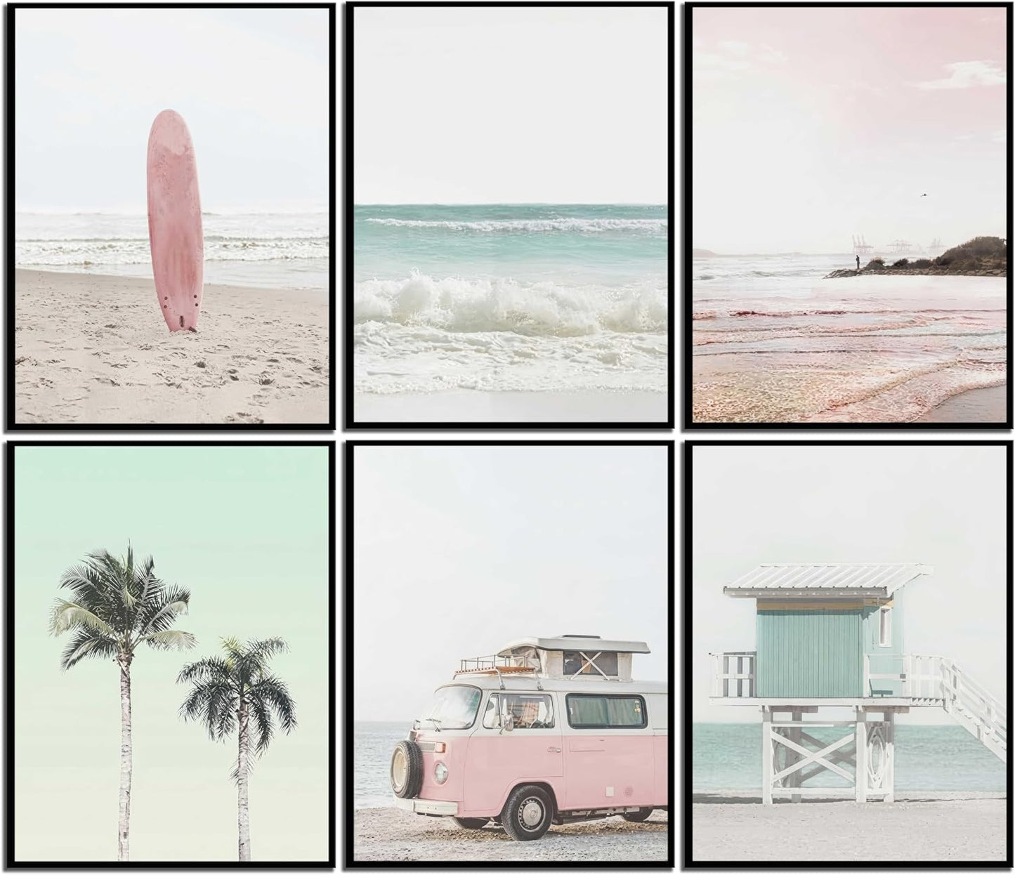CHEZKVSIOXA 6 Pcs Pastel Pink Beach Wall Art - Coastal Poster Wall Decor, Surfboard Van Palm Tree Lifeguard Tower Beach Scene Prints for Living Room Bedroom Bathroom Unframed 10x8