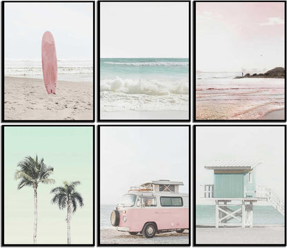 CHEZKVSIOXA 6 Pcs Pastel Pink Beach Wall Art - Coastal Poster Wall Decor, Surfboard Van Palm Tree Lifeguard Tower Beach Scene Prints for Living Room Bedroom Bathroom Unframed 10x8