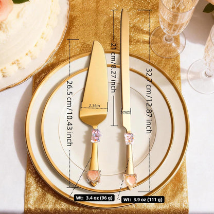 Handcrafted Luxury Gold Wedding Cake Knife and Server Set – Stainless Steel with Crystal & Gemstone Embellished Handles, Gift for Wedding, Anniversary, Engagement, Bridal Shower (pink)