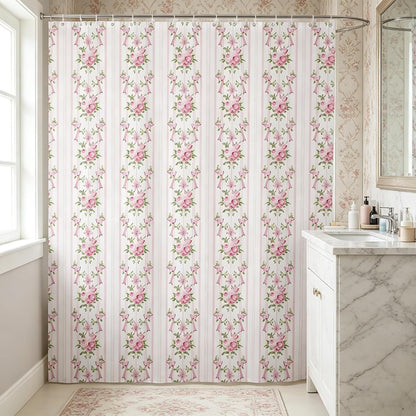 Manfei Floral Bow Shower Curtains Pink Flower Bowknot Bathroom Curtains for Kids Girls Princess Room Decor, Pink Stripes Waterproof Bath Curtains with 12 Hooks Suits for Bathtub, 72" W x 72" L