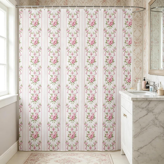 Manfei Floral Bow Shower Curtains Pink Flower Bowknot Bathroom Curtains for Kids Girls Princess Room Decor, Pink Stripes Waterproof Bath Curtains with 12 Hooks Suits for Bathtub, 72" W x 72" L