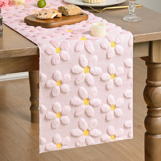 Artoid Mode Pink Soft Plush Faux Fur Jacquard Embroidery Daisy Spring Table Runner, Kitchen Dining Table Decoration for Home Party Decor 13x72 Inch