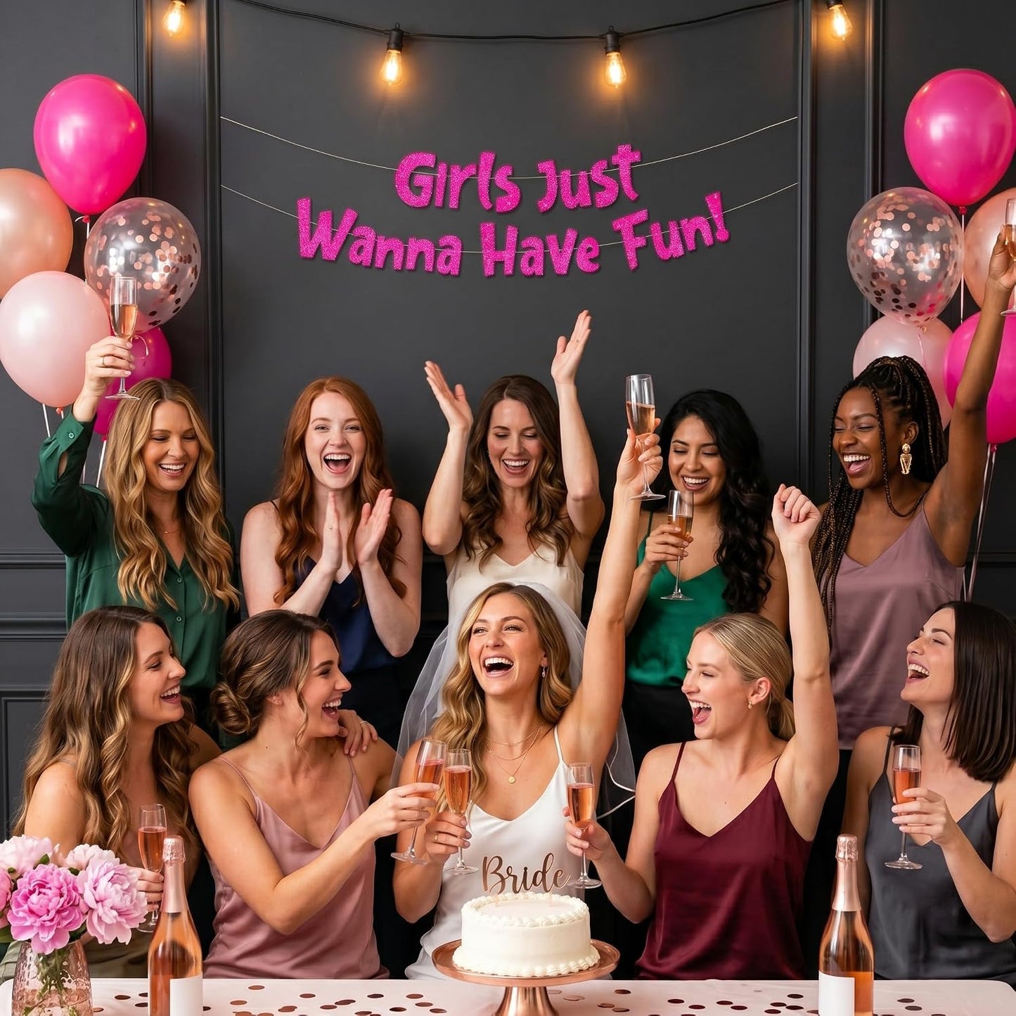 Pre-Strung Girls Just Wanna Have Fun Neon Pink Glitter Banner - Bachelorette Party Decorations for Her - Party Supplies, Favors and Gifts