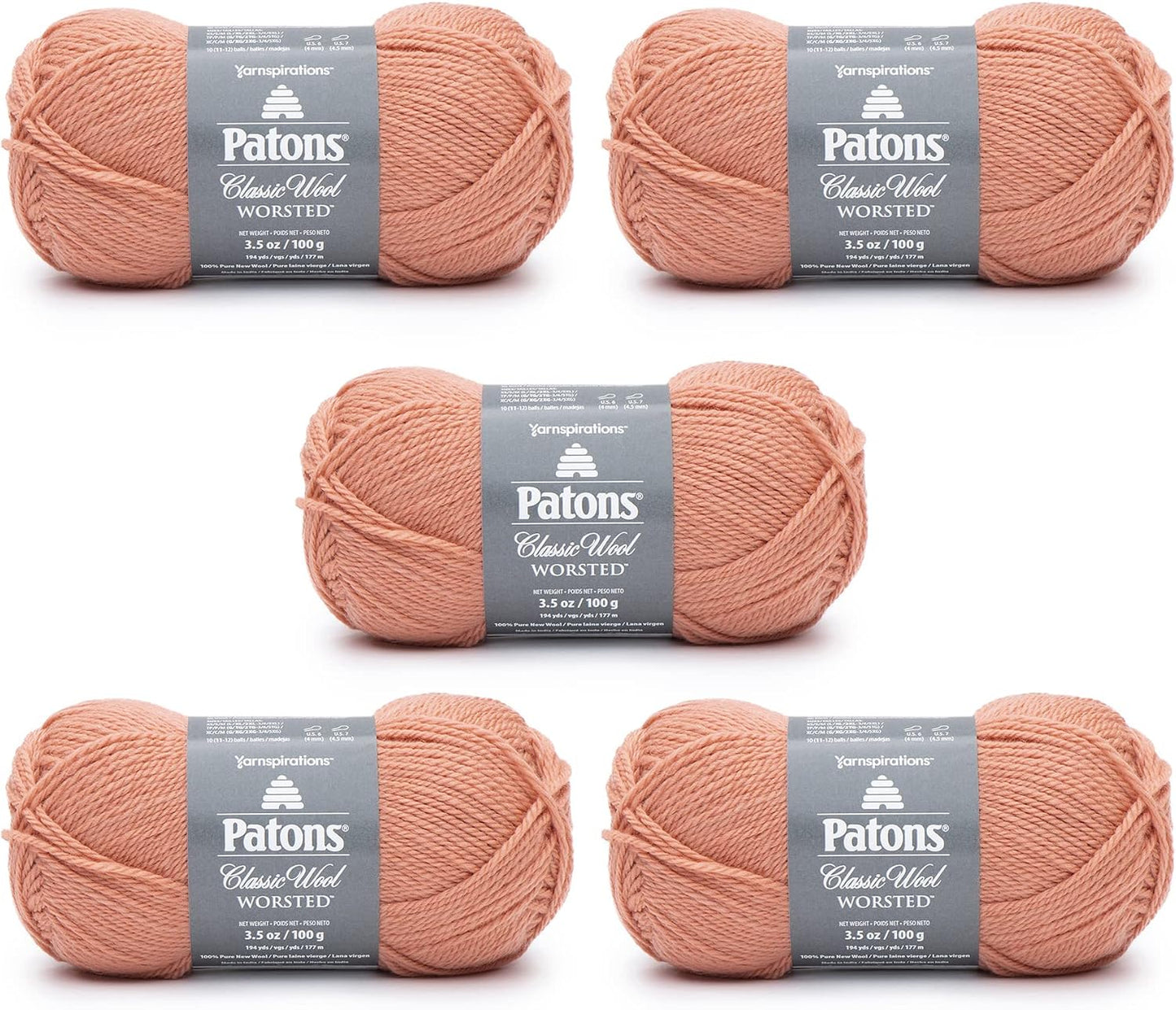 Patons Classic Wool Coral Peach Yarn - 5 Pack of 3.5oz/100g - Wool - 4 Medium - 210 Yards - Knitting/Crochet