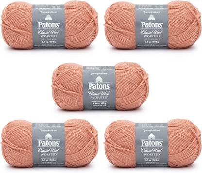 Patons Classic Wool Coral Peach Yarn - 5 Pack of 3.5oz/100g - Wool - 4 Medium - 210 Yards - Knitting/Crochet