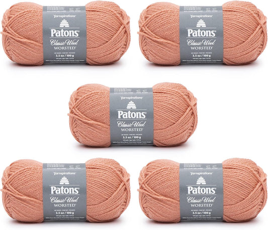 Patons Classic Wool Coral Peach Yarn - 5 Pack of 3.5oz/100g - Wool - 4 Medium - 210 Yards - Knitting/Crochet