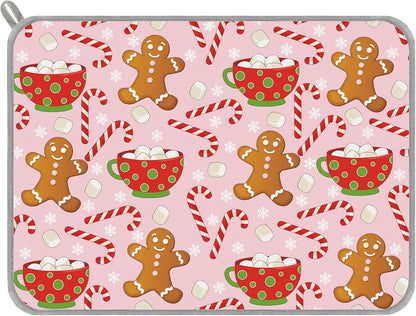 Christmas Dish Drying Mat Pink Gingerbread Candy Cane Absorbent Dish Drainer Protector Pad for Xmas Winter Kitchen Countertop Tableware Decor, 18 x 24 Inch