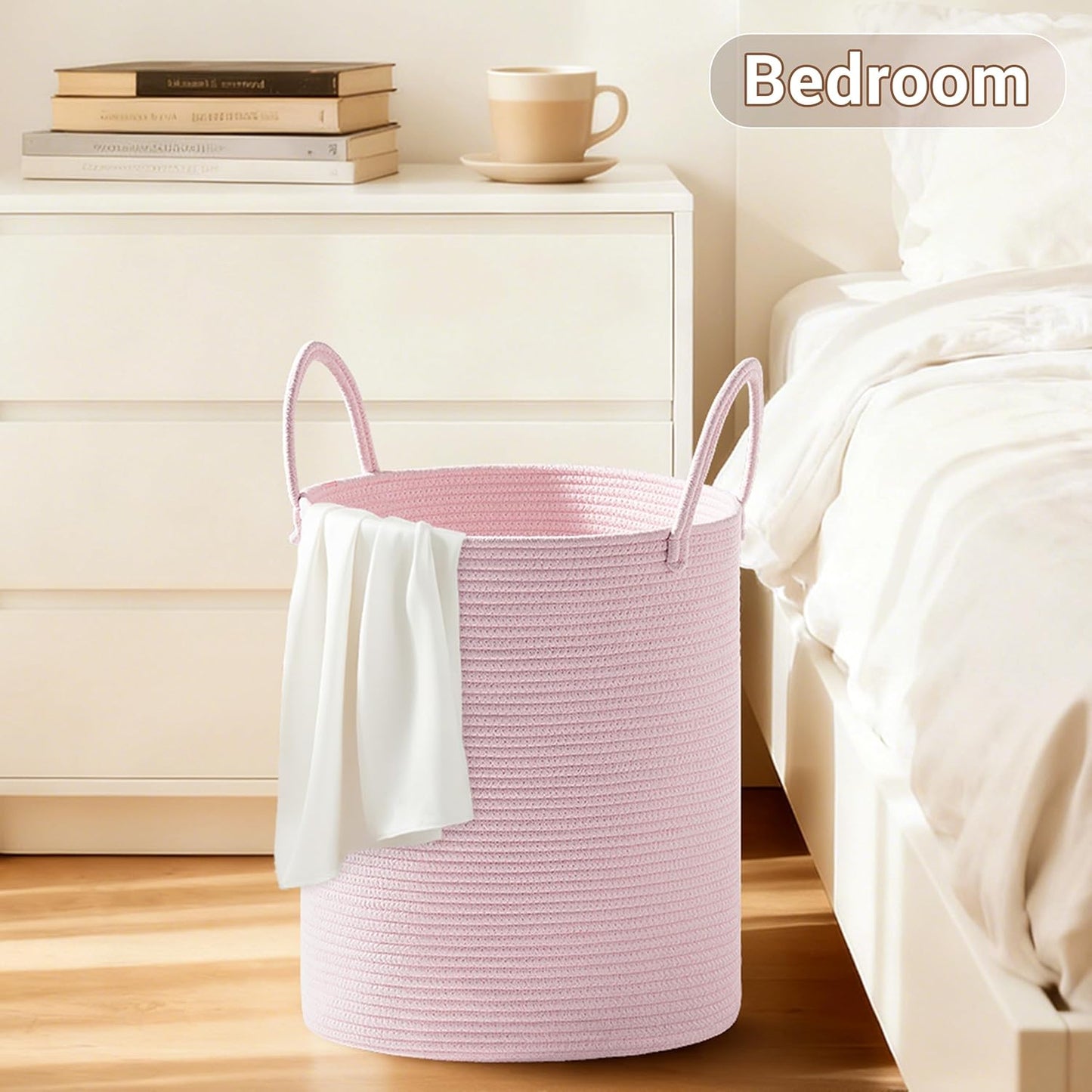 Girls' Tall Laundry Basket with Handles, 53L Portable Dirty Clothes Hamper, Boho Cotton Rope Storage Bin for Blankets Kids Toys Gifts, Decorative Organizer for Nursery Bedroom Bathroom, Pink