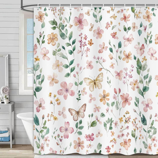 Watercolor Floral Shower Curtain, Cute Elegant Peach Pink Flower Botanical Sage Green Leaves Spring Modern Minimalist Shower Curtain for Bathroom, Fabric Shower Curtain Set with Hooks 72x72 Inch