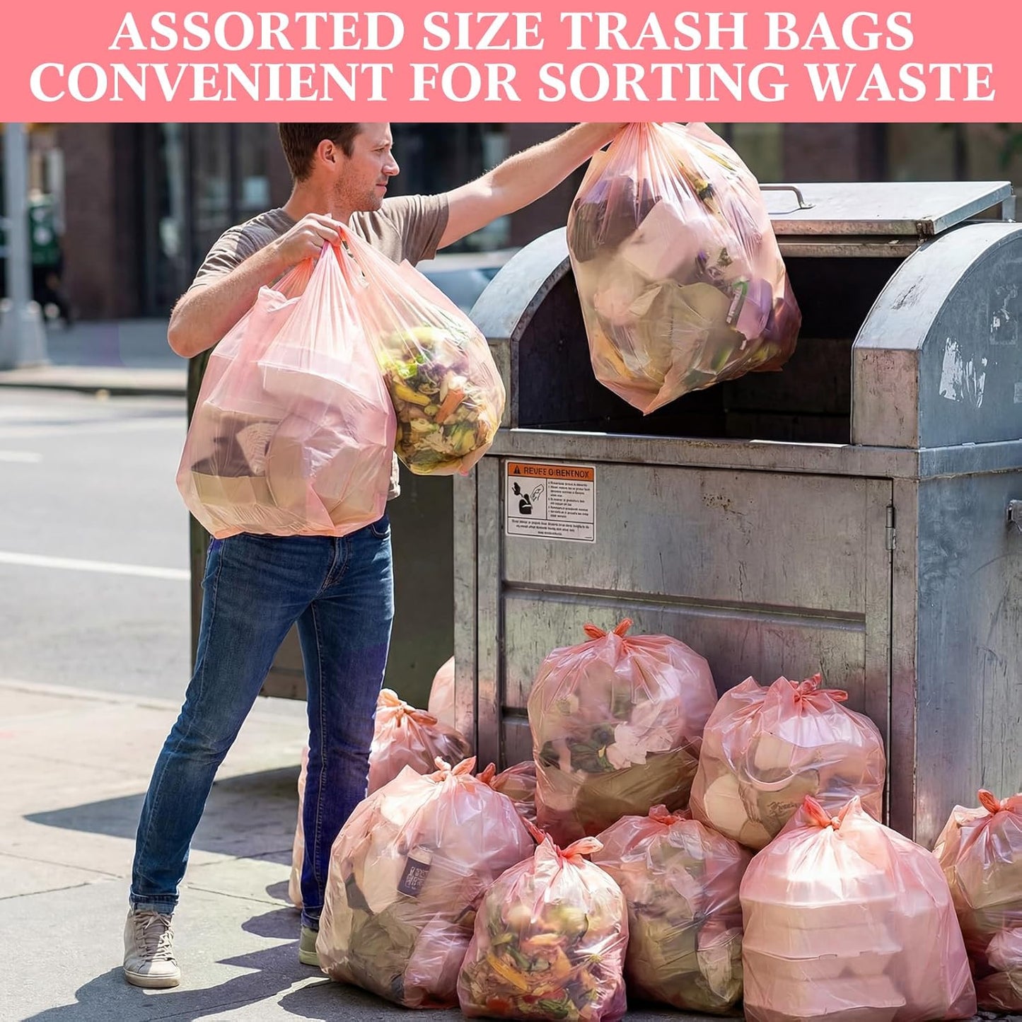 Dunzoom 200 Pcs Pink T-shirt Bags Bulk PE Plastic Shopping Trash Grocery Retail Bags with Handles for Business, Retails, Grocery, Take Out, Supermarket, 3 Size, 17" x 29", 12" x 20", 7" x 13"