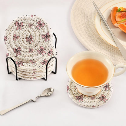 Kigai Pink Bow Coasters for Drinks with Holder 3.9 Inch Absorbent Heat-Resistant Cotton Woven Coaster Coffee Bar Accessories for Home Decor Table Protection, 6Pack