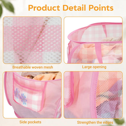 Sturdy Collapsible Laundry Baskets - Pop Up Laundry Hampers with Handy Pocket, Foldable Clothes Hamper with Reinforced Carry Handles for Bathroom, Kids Room, Dorm or Travel - Check Print, Pink
