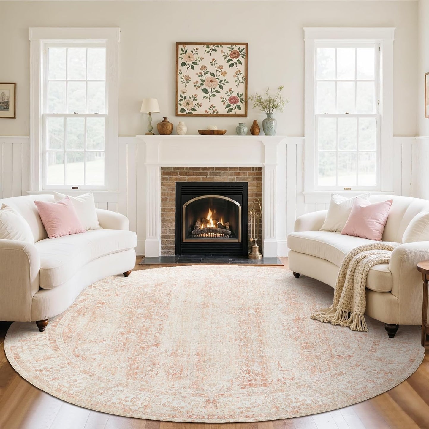 BILEEHOME Round Rug 8x8 Feet 8ft Washable Area Rug for Living Room Girl Bedroom,Boho Floral Print Blush Pink Circle Rugs 8' Round for Dining Room