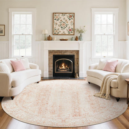 BILEEHOME Round Rug 8x8 Feet 8ft Washable Area Rug for Living Room Girl Bedroom,Boho Floral Print Blush Pink Circle Rugs 8' Round for Dining Room