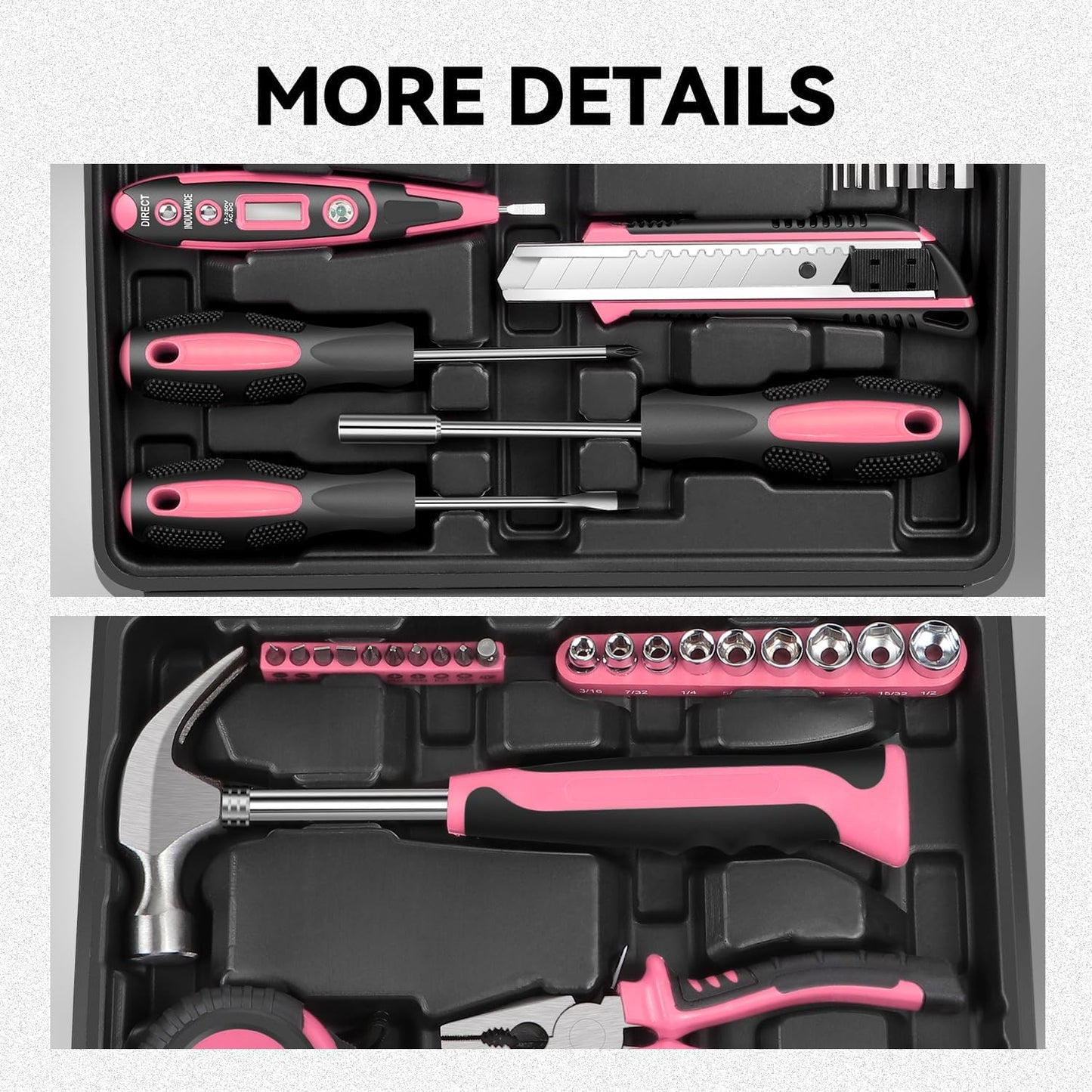 Auto Dynasty Tool Kit for Home 46-Pieces, Basic Household Hand Tool Sets with Screwdrivers Combination Tools, All in One Plastic Toolbox Storage Case for College Dorm, Office, Auto Repair (Pink)
