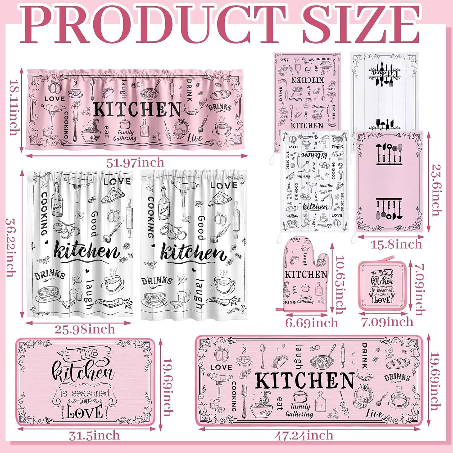 Fourluoo 13 Pcs Pink Kitchen Decor Set 4 Black Kitchen Towels 2 Cute Nonslip Rugs and Mats 3 Modern Curtains Valance 2 Pot Holders 2 Oven Mitts for Home Decoration Mom Cooking Grilling Gift