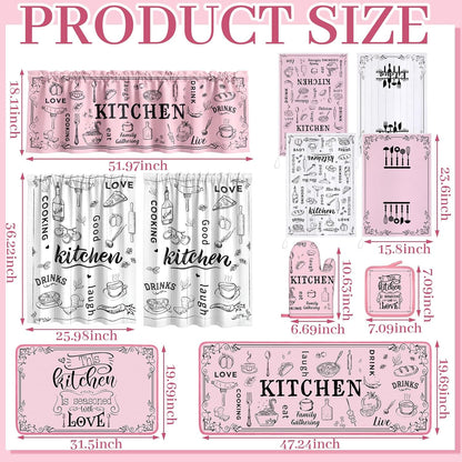 Fourluoo 13 Pcs Pink Kitchen Decor Set 4 Black Kitchen Towels 2 Cute Nonslip Rugs and Mats 3 Modern Curtains Valance 2 Pot Holders 2 Oven Mitts for Home Decoration Mom Cooking Grilling Gift
