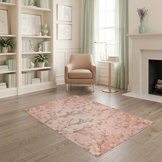 4'x6' Washable Flatwoven Rug, Peach Cottagecore Floral Easy Care Throw Carpet Stain Resistant Low Profile Floor Covering for Dorm Room, Small Living Room, Apartment | Ref:2158230
