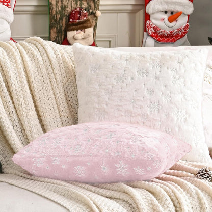 HAUSSY Christmas Throw Pillow Covers 18x18 Set of 2, Soft Faux Fur Pillow Cases Cute Decorative Snowflake Glitter Printed Winter Cushion Case for Xmas Home Decor,Couch Bed,Living Room,Pink