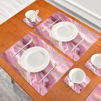 ALAZA Pink Gilded Marble Pattern Placemats for Dining Table, Heat Resistant Placemat Table Mats Place Mats 2 PC and 2 Coaster Washable Table Mats