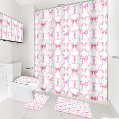 4Pcs Pink Bow Shower Curtain Set, Retro Coquette Preppy Modern Fashion Pretty Sweet Girly Bathroom Curtain with Rug, Toilet Lid Cover, Bath Mat, Aesthetic Shower Curtain with 12 Hooks