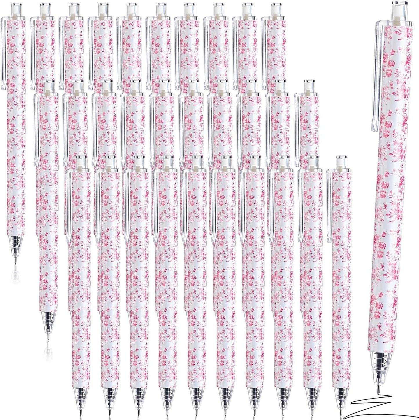 Resurhang 30 Pcs Pink and White Floral Ballpoint Pens 0.5 mm Black Ink Chinoiserie Gel Pens Vintage Aesthetic Retractable Ballpoint Office School Supplies for Bridal Baby Shower Wedding